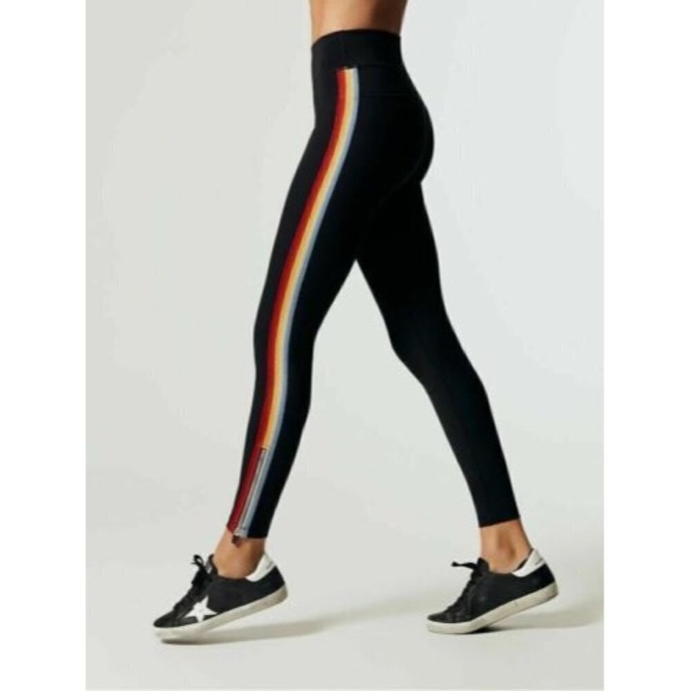 Spiritual Gangster Womens Leggings XS Rainbow Sparkle Stripe Zipper Ankle Tight‎